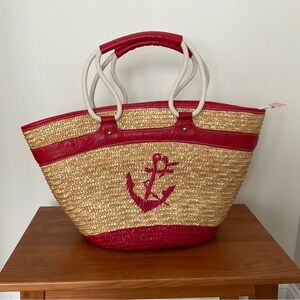 Straw Studios Red Nautical Summer Straw Tote Bag - NWOT